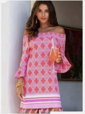 Cabana Life Pink Patterned Mini Dress with Tassels. UPF 50. Size L